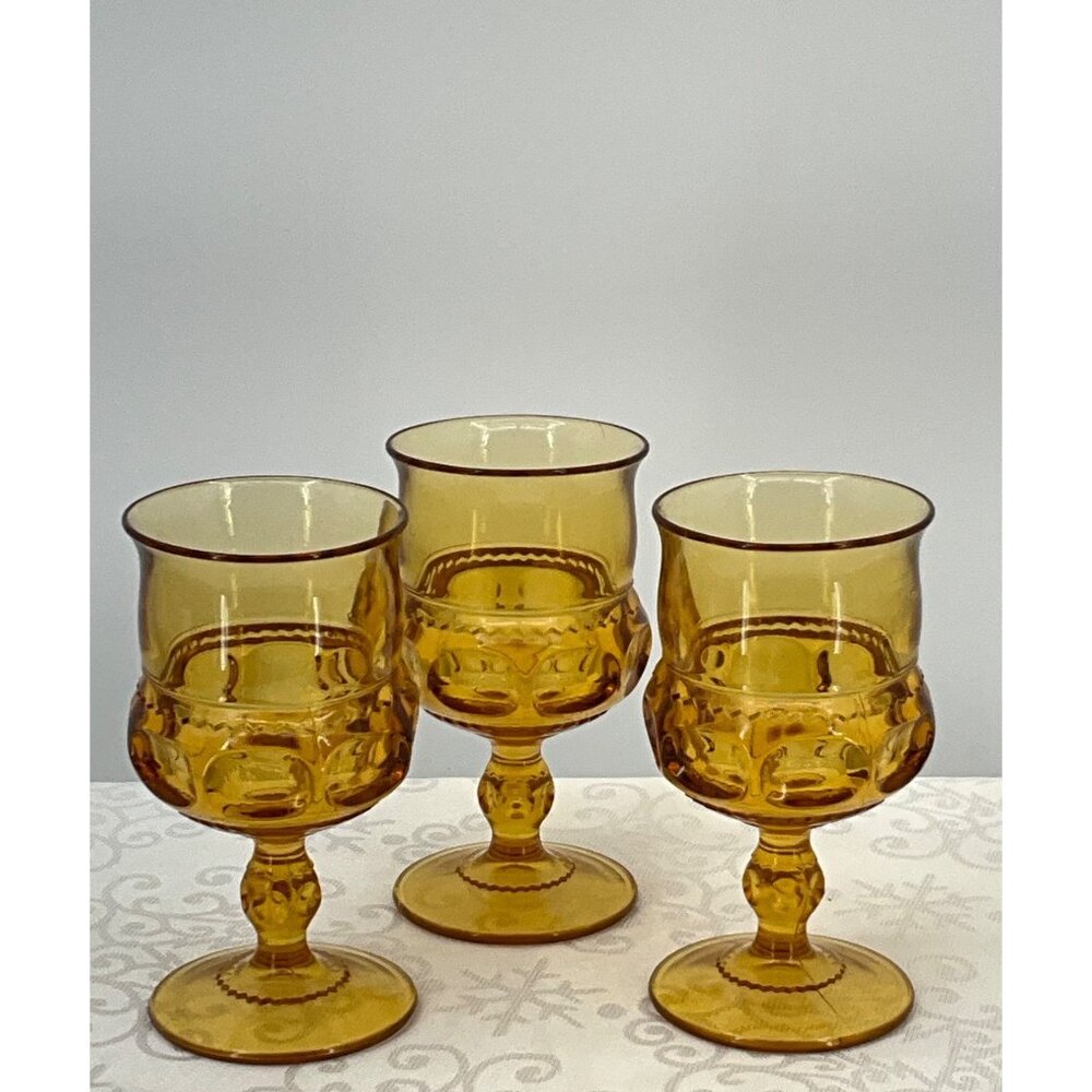 Indiana Glass Vtg Amber King's Crown Thumbprint Glass set/3‎ Goblets 5.5" Tall